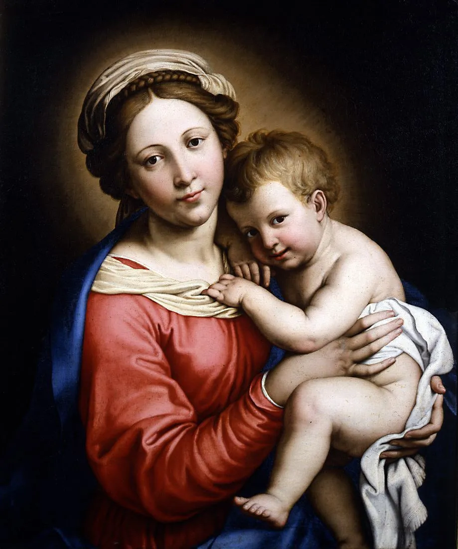 Pictură a Fecioarei Maria ținând Pruncul în brațe.